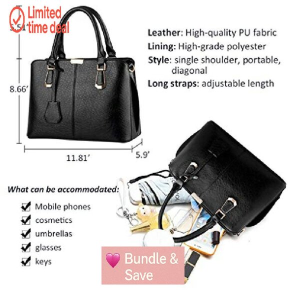 Large Top Handle Satchel Bag with Removable Strap, Multiple Compartments - Picture 6 of 8